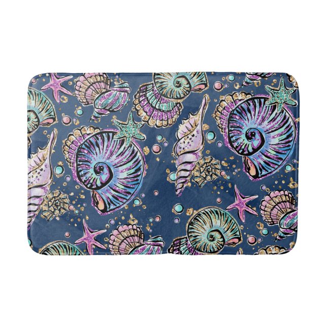 Underwater Blue Luxe | Pastel Gold Seashells Bath Mat (Front)
