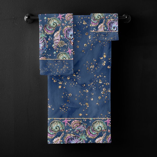 Underwater Blue Luxe | Pastel Gold Seashells Bath Towel Set (Creator Uploaded)