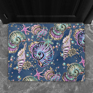 Underwater Blue Luxe   Pastel Gold Seashells Doormat
