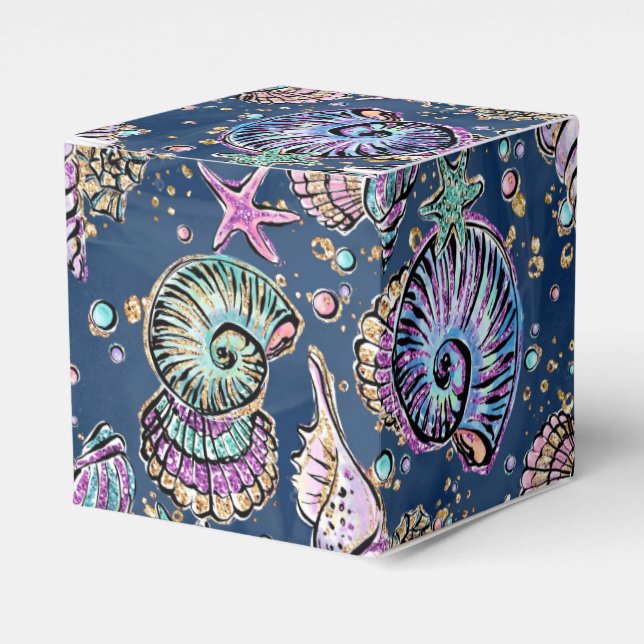 Underwater Blue Luxe | Pastel Gold Seashells Favour Box (Front Side)