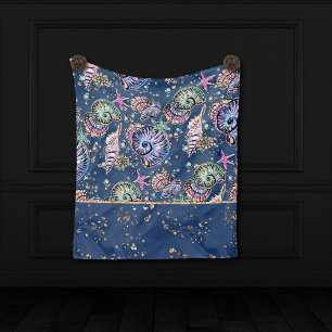 Underwater Blue Luxe Pastel Gold Seashells Fleece Blanket