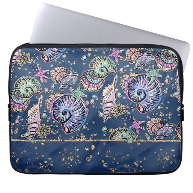 Underwater Blue Luxe | Pastel Gold Seashells Laptop Sleeve (Front)