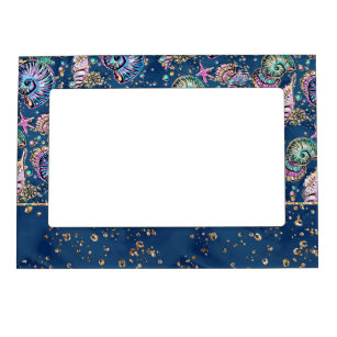 Underwater Blue Luxe   Pastel Gold Seashells Magnetic Frame