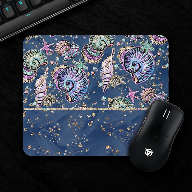 Underwater Blue Luxe | Pastel Gold Seashells Mouse Pad (Creator Uploaded)