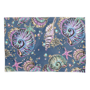 Underwater Blue Luxe Pastel Gold Seashells Pillowcase