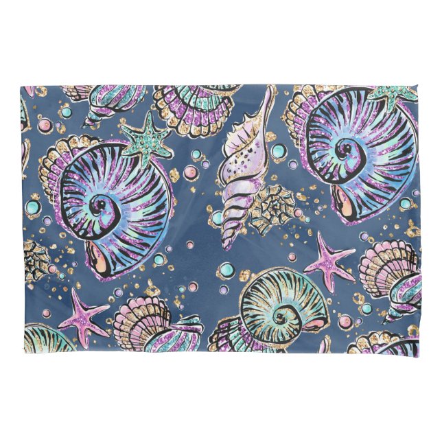 Underwater Blue Luxe | Pastel Gold Seashells Pillowcase (Front)