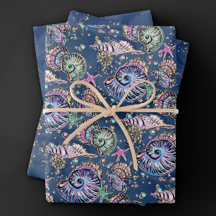 Underwater Blue Luxe   Pastel Gold Seashells Wrapping Paper Sheet