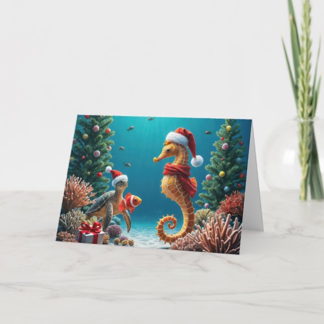 Underwater Christmas Seahorse and Sea Turtle Card (Front)