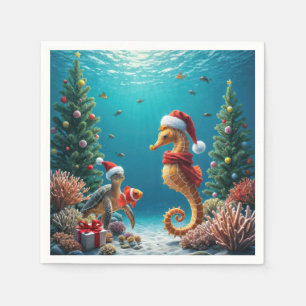 Underwater Christmas Seahorse and Sea Turtle Napkin