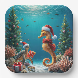 Underwater Christmas Seahorse and Sea Turtle Paper Plate
