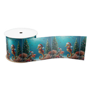 Underwater Christmas Seahorse and Sea Turtle Satin Ribbon