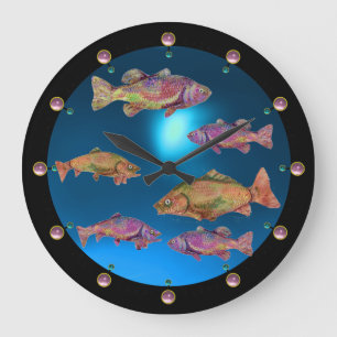 UNDERWATER / COLORFUL RAINBOW TROUTS Blue Large Clock