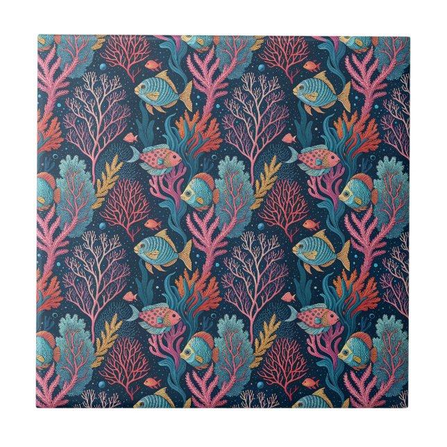 Underwater Coral & Fishes - Aquatic Ocean Pattern Ceramic Tile (Front)