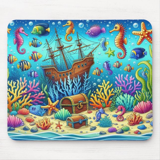 Underwater Coral Reef, Sealife and Treasure chest Mouse Pad (Front)