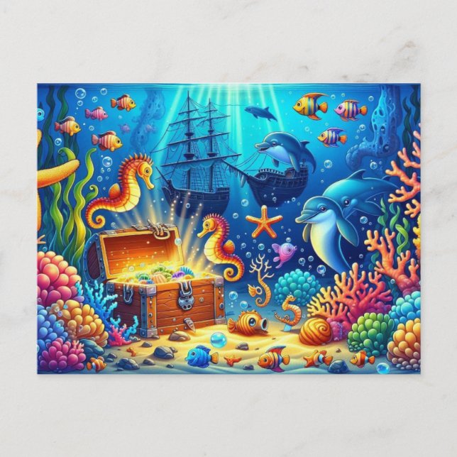 Underwater Coral Reef, Sealife and Treasure chest Postcard (Front)