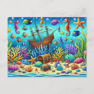 Underwater Coral Reef, Sealife and Treasure chest Postcard