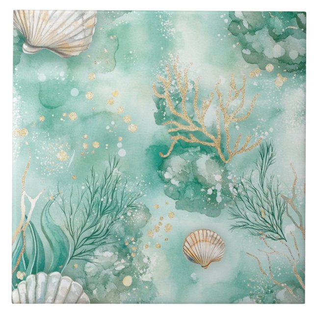 Underwater Coral & Shells in Teal Watercolor Ceramic Tile (Front)