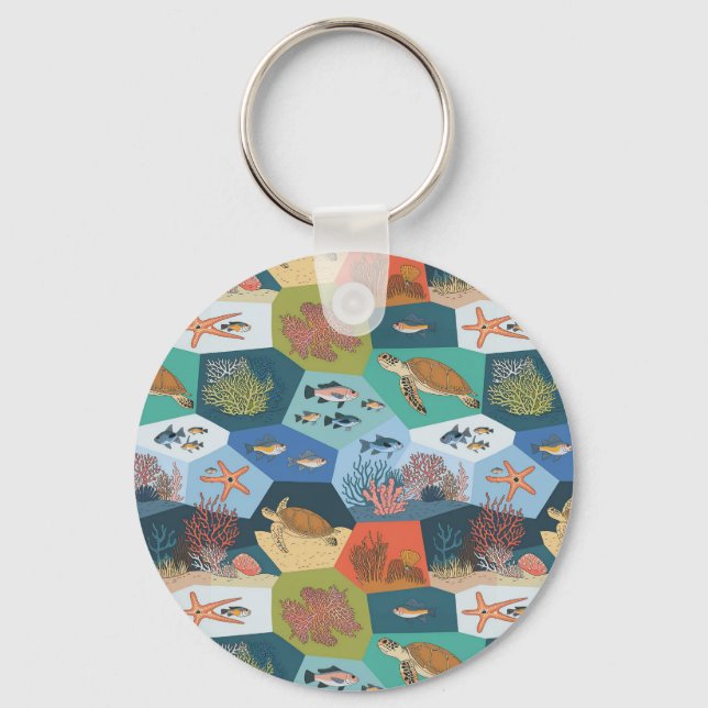 Underwater Creatures Collage Design Key Ring (Front)