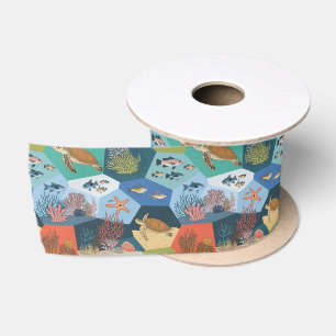 Underwater Creatures Collage Design Satin Ribbon