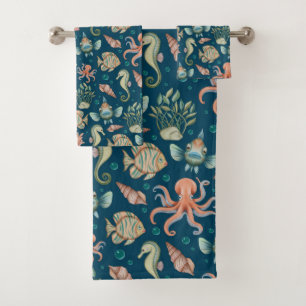 Underwater Creatures on blue Bath Towel Set