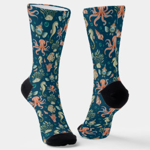 Underwater Creatures on blue Socks