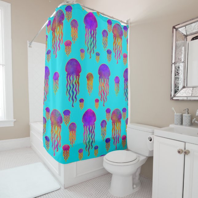 Underwater Dancing Rainbows Cyan Shower Curtain (In Situ)