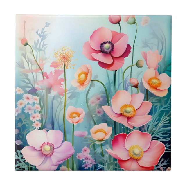 Underwater Elegant Watercolor Anemones Ceramic Tile (Front)