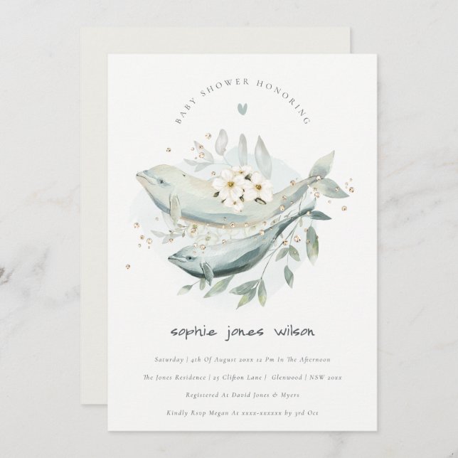 Underwater Floral Whale Fish Baby Shower Invite (Front/Back)