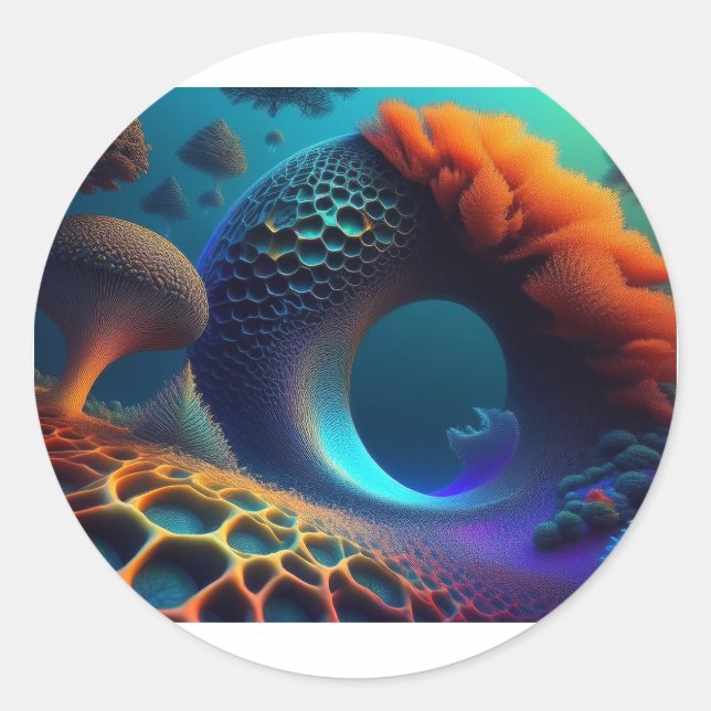 Underwater Fractal Landscape Classic Round Sticker (Front)
