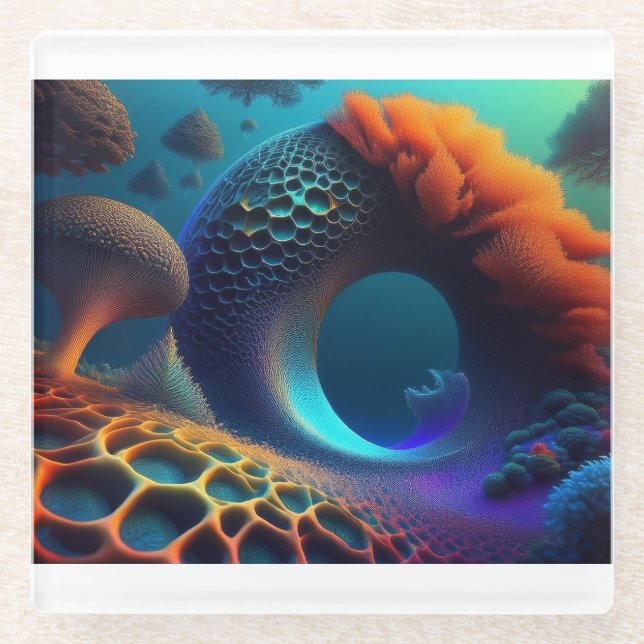 Underwater Fractal Landscape Glass Coaster (Front)