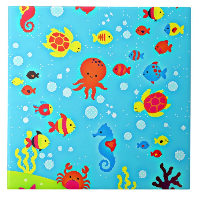 Underwater Friends, colourful and cute  Ceramic Tile (Front)