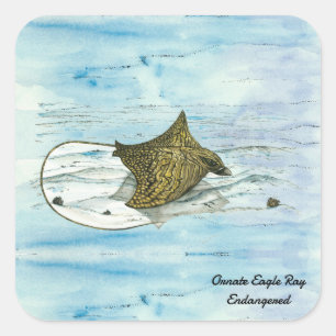 Underwater Hand-Painted Endangered Eagle Ray Square Sticker