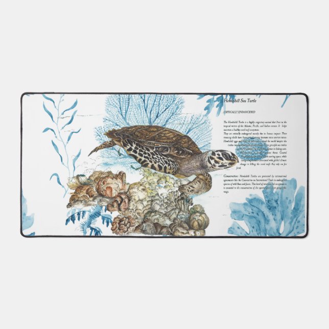 Underwater Hand-Painted Hawksbill Sea Turtle Desk Mat (Front)