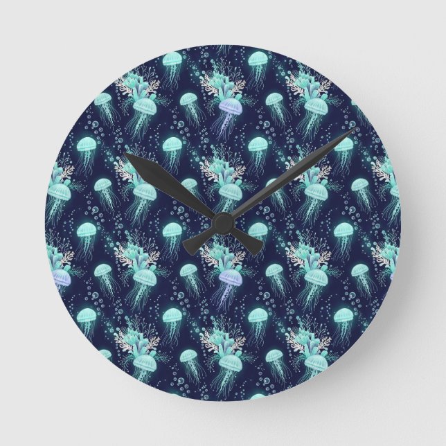 Underwater Jellyfish Pattern Round Clock (Front)