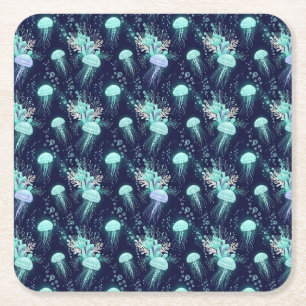 Underwater Jellyfish Pattern Square Paper Coaster