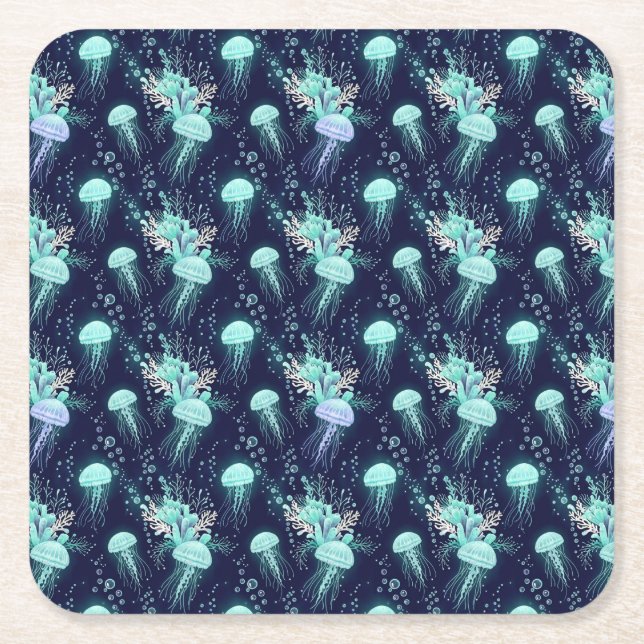 Underwater Jellyfish Pattern Square Paper Coaster (Front)