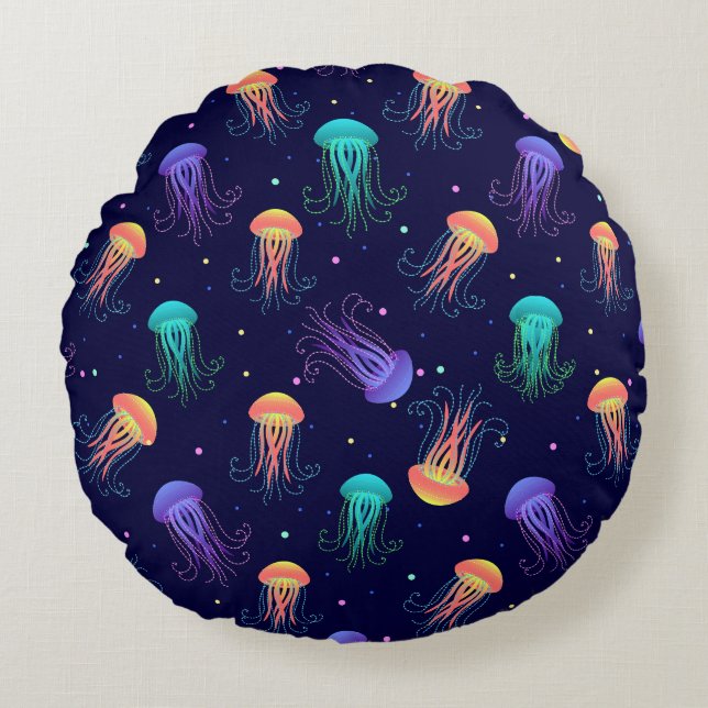 Underwater jellyfish world: bright pattern. round cushion (Front)