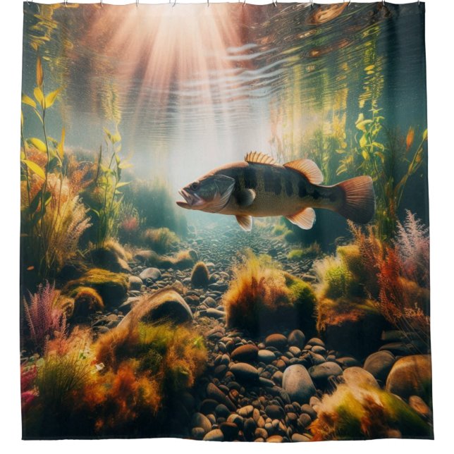 Underwater large mouth bass shower curtain (Front)