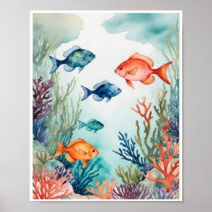 underwater life colourful fish coral reefs seagras poster