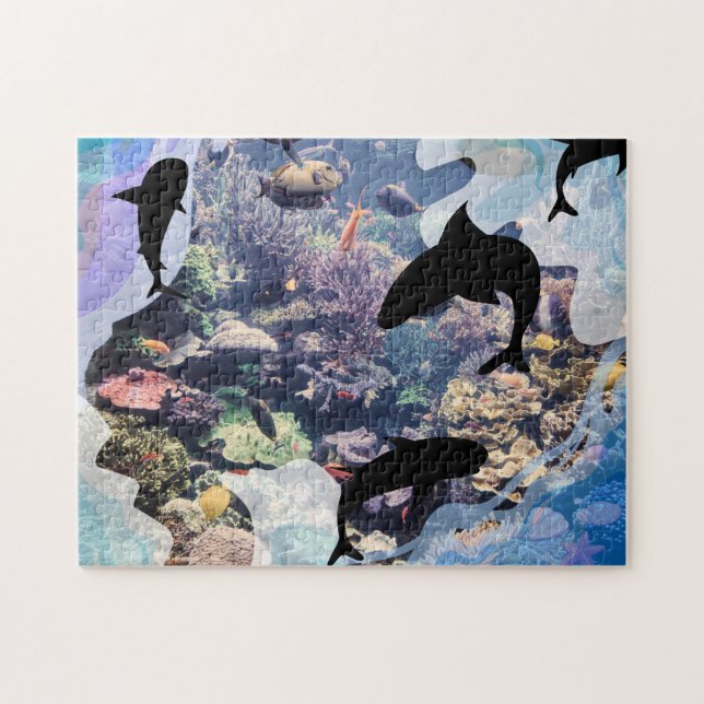 Underwater Life Corals, Shells, Fish Silhouettes  Jigsaw Puzzle (Horizontal)