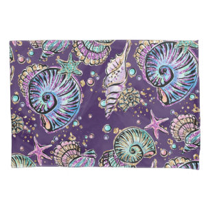 Underwater Luxe Purple   Dark Pastel Gold Sea Life Pillowcase