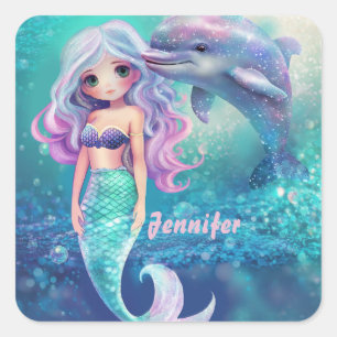 Underwater Mermaid and Dolphin  Square Sticker