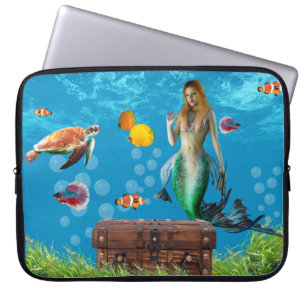 Underwater mermaid treasure fishes oceanic blue laptop sleeve
