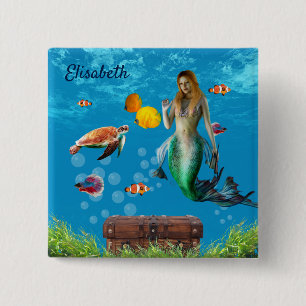 Underwater Mermaid Treasure Hunt Fantasy Blue 15 Cm Square Badge