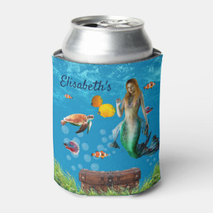 Underwater Mermaid Treasure Hunt Fantasy Blue Can Cooler