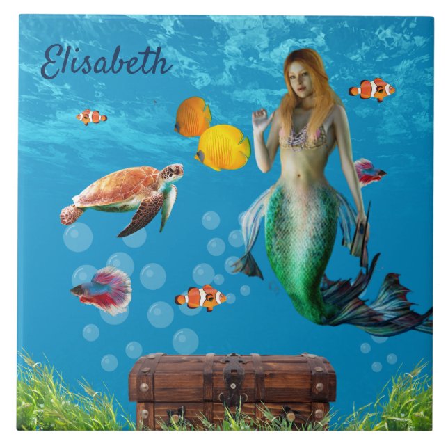 Underwater Mermaid Treasure Hunt Fantasy Blue Ceramic Tile (Front)
