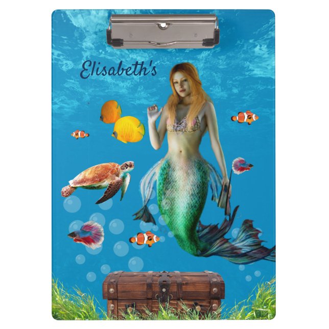 Underwater Mermaid Treasure Hunt Fantasy Blue Clipboard (Front)