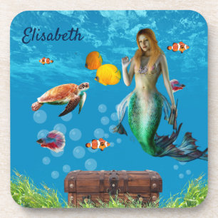 Underwater Mermaid Treasure Hunt Fantasy Blue Coaster
