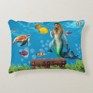 Underwater Mermaid Treasure Hunt Fantasy Blue Decorative Cushion