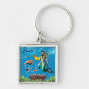 Underwater Mermaid Treasure Hunt Fantasy Blue Key Ring
